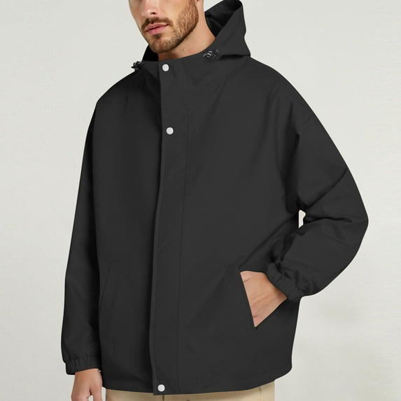 M-5X Mens Big & Tall Rain Jackets Plus Size Zip Up Raincoats with Pockets and Hoodie Solid Color Long Sleeve Waterproof Hiking Running Outerwear Jacket