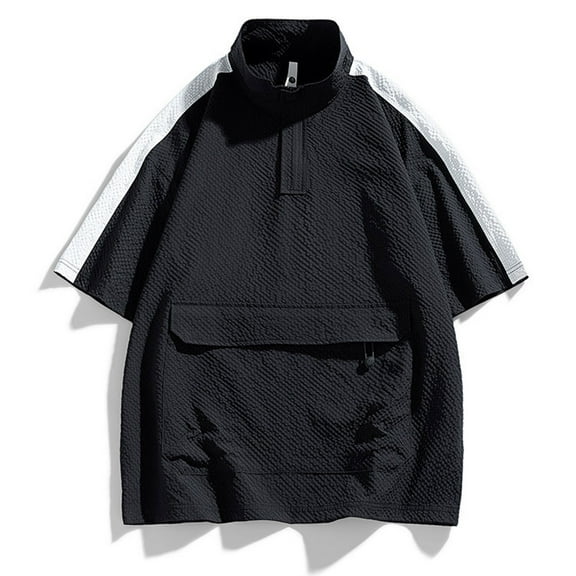 M-5X Mens Big & Tall T-Shirts Plus Size with Pockets and Zipper Stand Collared Lightweight Short Sleeve Pullover Color-Block Tees Tops