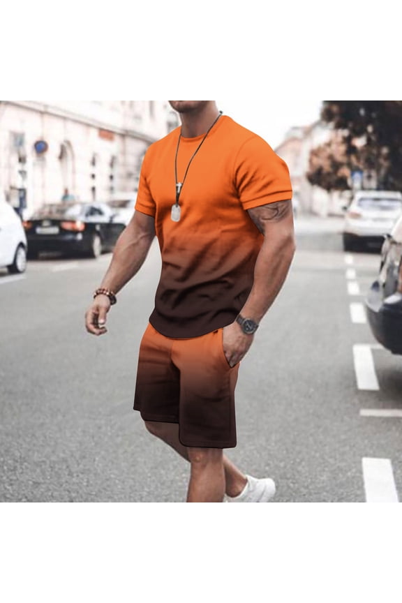 M-5X Mens Big and Tall Outfits Sets Plus Size 2 Piece Tracksuits Short Sleeve T-Shirts and Shorts Gradient Printed Workout Suits Set