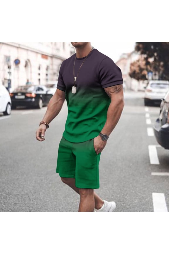 M-5X Mens Big and Tall Outfits Sets Plus Size 2 Piece Tracksuits Short Sleeve T-Shirts and Shorts Gradient Printed Workout Suits Set