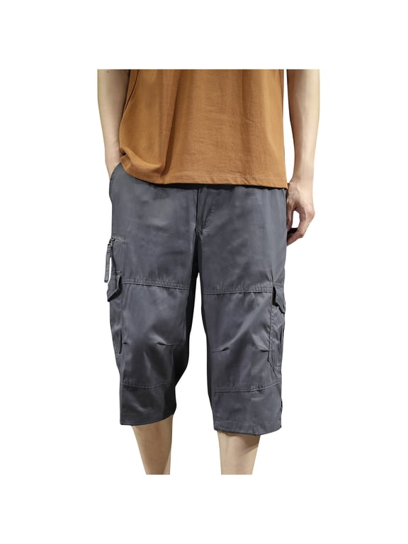 M-5X Mens Capris Cargo Pants Big and Tall Plus Size Cotton Cropped Trousers Drawstring Elastic Waist Solid Straight Leg Multi-Pockets Pant