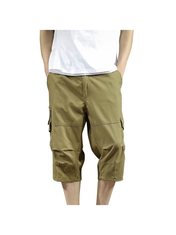 M-5X Mens Capris Cargo Pants Big and Tall Plus Size Cotton Cropped Trousers Drawstring Elastic Waist Solid Straight Leg Multi-Pockets Pant