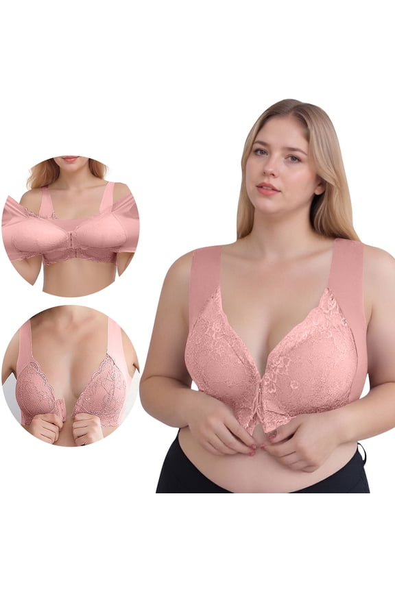 M-5X Plus Size Bras for Women Front Closure Wirefree Push Up Bralettes Womens Lace Back-Smoothing Full-Cup Support Underwear Bra