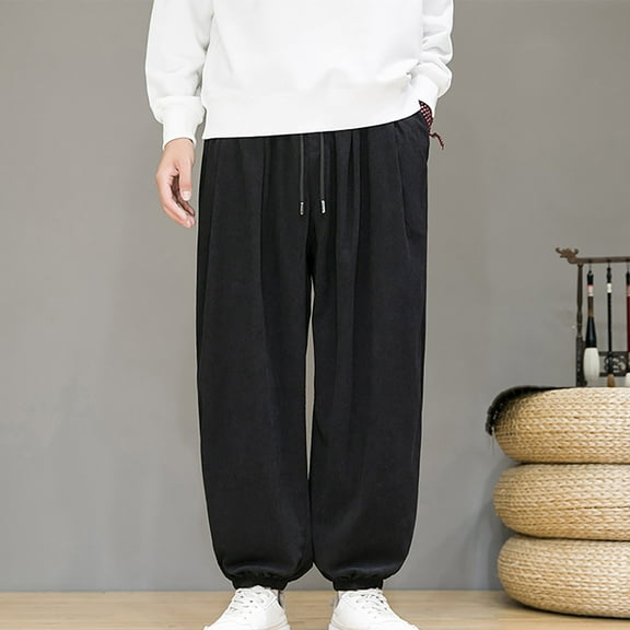 M-5X Plus Size Corduroy-Pants for Men Big & Tall Tapered Leg Trousers with Pockets and Drawstring Elastic Waist Solid Color Vintage Loungewear Pant