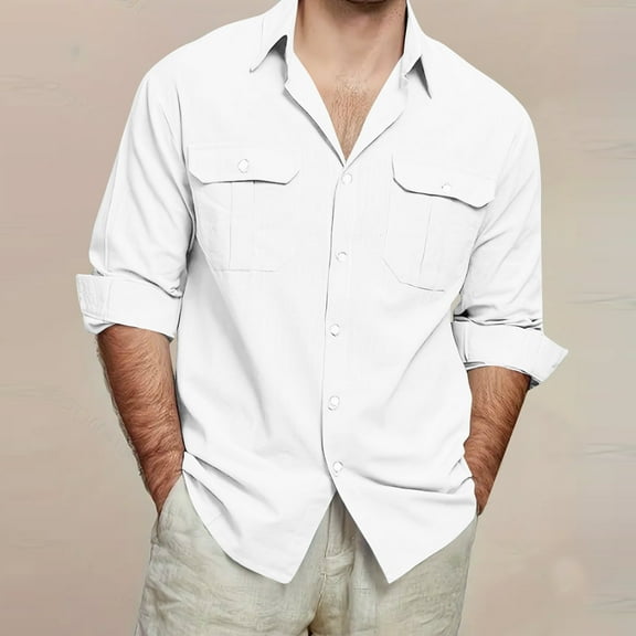 M-5X Plus Size Cotton-Linen Shirts for Men with Pockets Big & Tall Long Sleeve Tshirts Shirt Button-Down Collar Lightweight Solid Lapel Tops