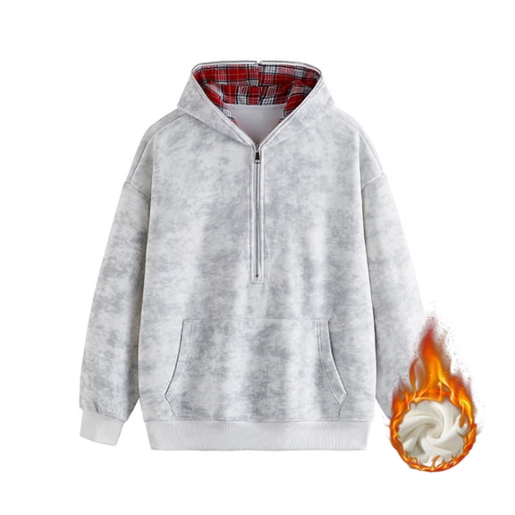 M-5X Plus Size Hoodies for Men with Front Pocket and Half Zipper Pullover Sweatshirts Big & Tall Fleece Lined Long Sleeve Plaid Warm Hooded Tops