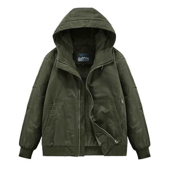 M-5X Plus Size Jackets for Men Big & Tall Fleece Lined Coats with Pockets and Hoodie Long Sleeve Solid Color Zip Up Thermal Going-Out Work Jacket