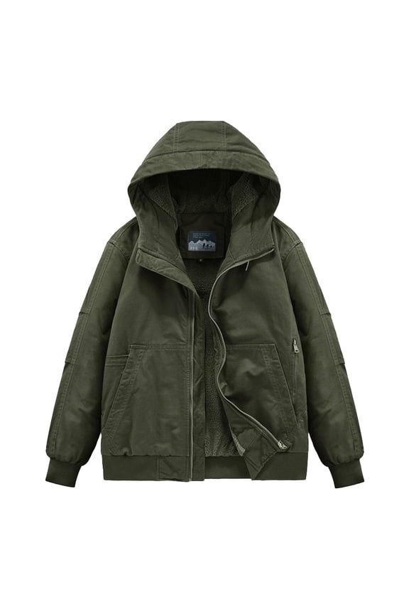 M-5X Plus Size Jackets for Men Big & Tall Fleece Lined Coats with Pockets and Hoodie Long Sleeve Solid Color Zip Up Thermal Going-Out Work Jacket
