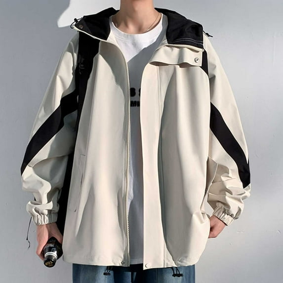 M-5X Plus Size Jackets for Men Big & Tall Lightweight Windbreaker Coats Casual Long Sleeve Zip Up Color Block Hiking Raincoats with Pockets and Hood