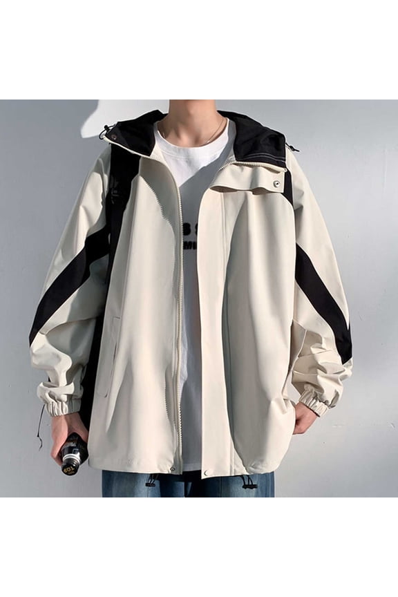 M-5X Plus Size Jackets for Men Big & Tall Lightweight Windbreaker Coats Casual Long Sleeve Zip Up Color Block Hiking Raincoats with Pockets and Hood