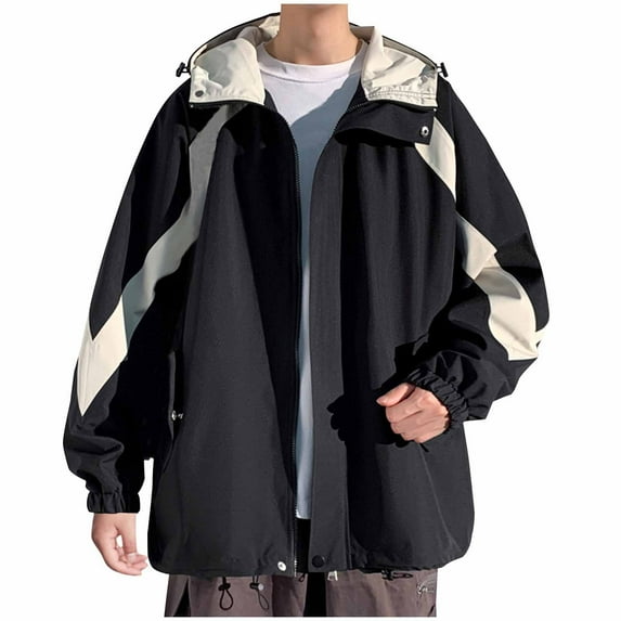 M-5X Plus Size Jackets for Men Big & Tall Lightweight Windbreaker Coats Casual Long Sleeve Zip Up Color Block Hiking Raincoats with Pockets and Hood