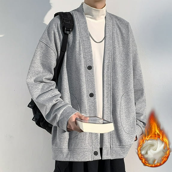 M-5X Plus Size Jackets for Men with Pockets Fleece Lined Long Sleeve Coats Mens Casual Solid Color V Neck Thermal Warm Work Outerwear Jacket