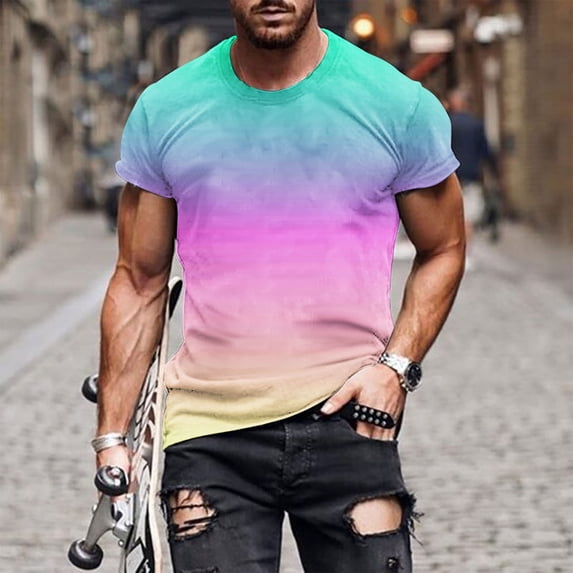 M-5X Plus Size Mens Big & Tall T Shirts Short Sleeve Crewneck Tees Tops Casual Pullover Slim Gradient Printed Breathable Athletic Workout Tshirts Shirt