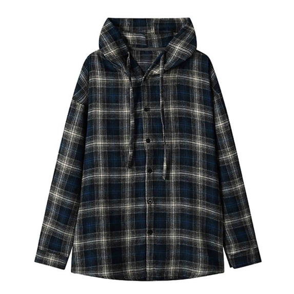 M-5X Plus Size Shirts for Men with Hoodie Big & Tall Button-Down Hoodies Long Sleeve Vintage Plaid Printed Casual Streetwear Shackets Shirt