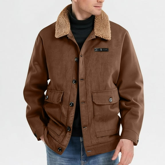 M-5X Plus Size Sueded Jackets for Men with Pockets Sherpa Lined Coats Big & Tall Mens Long Sleeve Button-Down Collared Thermal Warm Winter Jacket