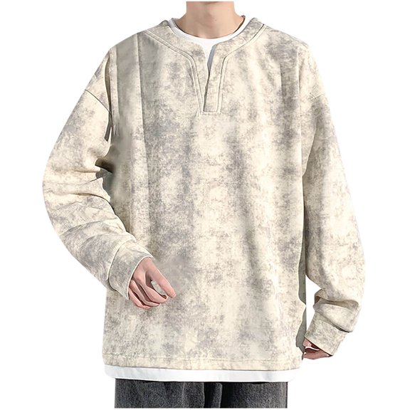 M-5X Plus Size Sweatshirts for Men Long Sleeve Big & Tall Fake-Two-Piece Shirts Trendy Tie-Dye Pullover Vintage Crewneck Sweatshirt Tops