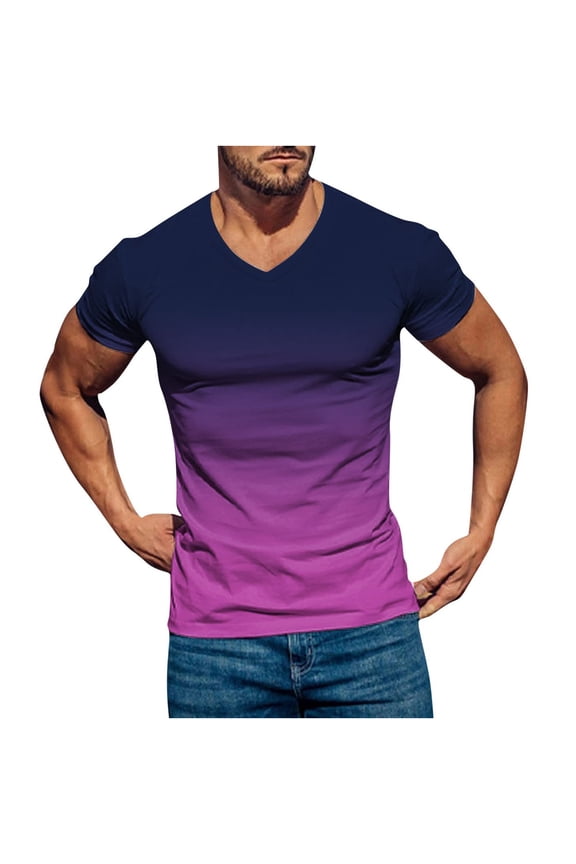M-5X Plus Size T Shirts for Men Big & Tall Short Sleeve V Neck Tees Tops Mens Trendy Gradient Printed Pullover Slim Athletic Workout Tshirts Shirt