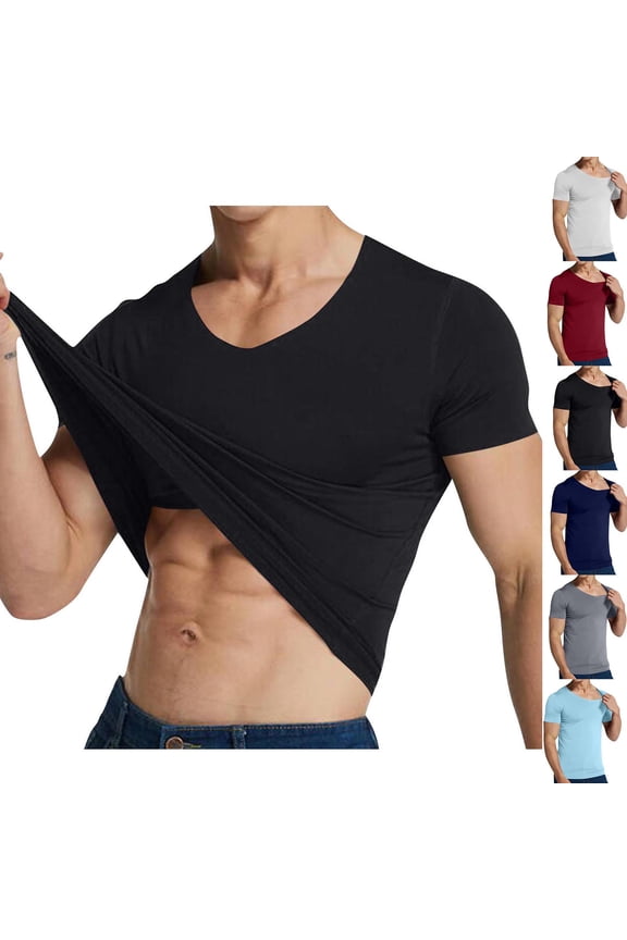 M-5X Plus Size T Shirts for Men Big & Tall Short Sleeve V Neck Tees Tops Pullover Stretchy Slim No Show Solid Color Athletic Workout Tshirts Shirt