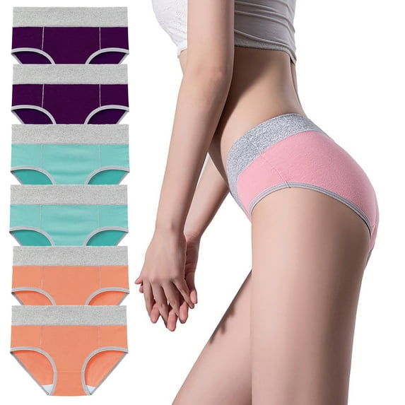 M-5X Underwear Womens Plus Size 6 Pack Cotton Strethcy High Rise Panties Ladies Casual Color Block Comfort Full-Cut Hipsters Briefs