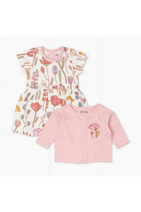 M+A by Monica + Andy Baby Girl Organic Cotton Dress Romper + Cardigan Bundle, Sizes Newborn-9 Months