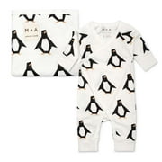 M+A by Monica + Andy Baby Organic Cotton Holiday Christmas Kimono Coverall + Blanket 2 Piece Bundle Set, Sizes Newborn - 9 Months
