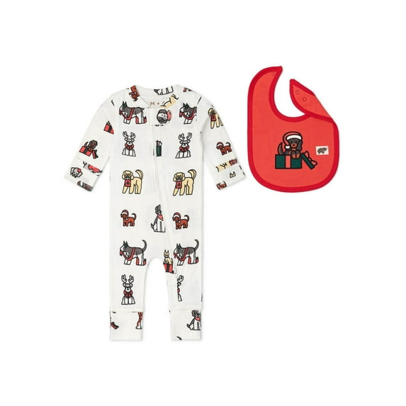 M+A by Monica + Andy Gender Neutral Baby Christmas Organic Cotton One Piece Pajamas and Bib Set, 2-Piece, Sizes 0M-24M