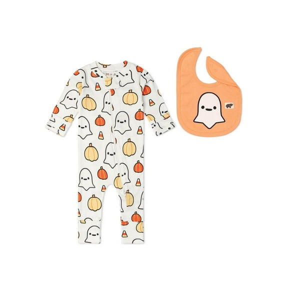 M+A by Monica + Andy Gender Neutral Baby Halloween Organic Cotton One Piece Pajamas and Bib Set, Sizes 0M-24M