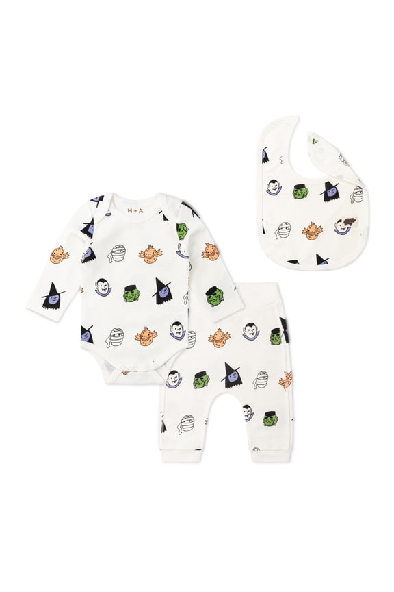 M+A by Monica + Andy Organic Cotton Gender Neutral Halloween First Moves Bodysuit + Groove Pant + Bib Set, Sizes Newborn -24 Months