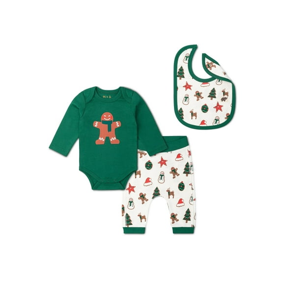 M+A by Monica + Andy Christmas Organic Cotton Gender Neutral First Moves Bodysuit + Groove Pant + Bib Set, Sizes Newborn -24 Months