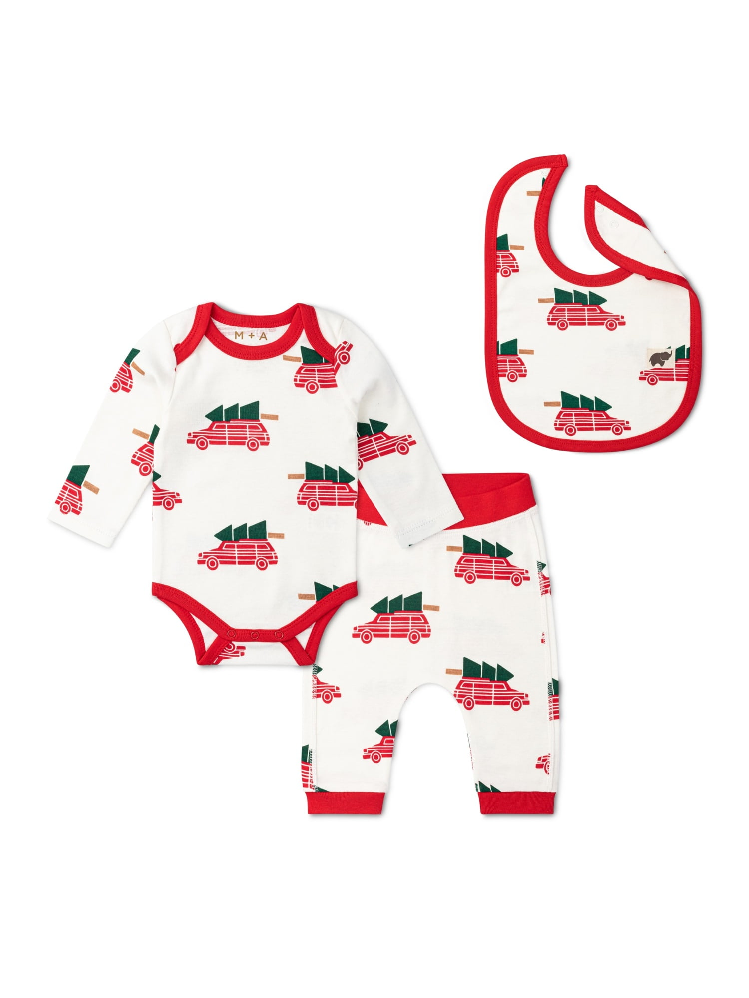 M+A by Monica + Andy Christmas Organic Cotton Gender Neutral First Moves Bodysuit + Groove Pant + Bib Set, Sizes Newborn -24 Months