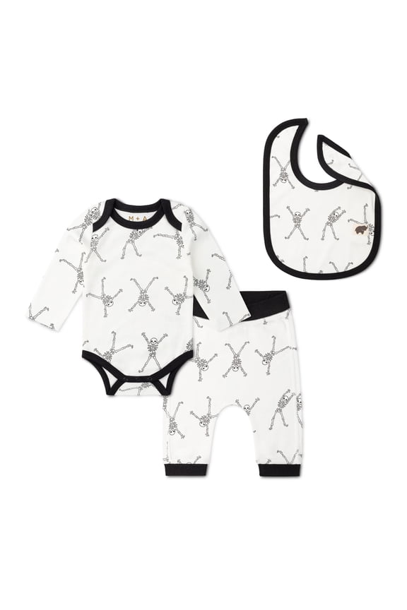 M+A by Monica + Andy Organic Cotton Gender Neutral Halloween First Moves Bodysuit + Groove Pant + Bib Set, Sizes Newborn -24 Months