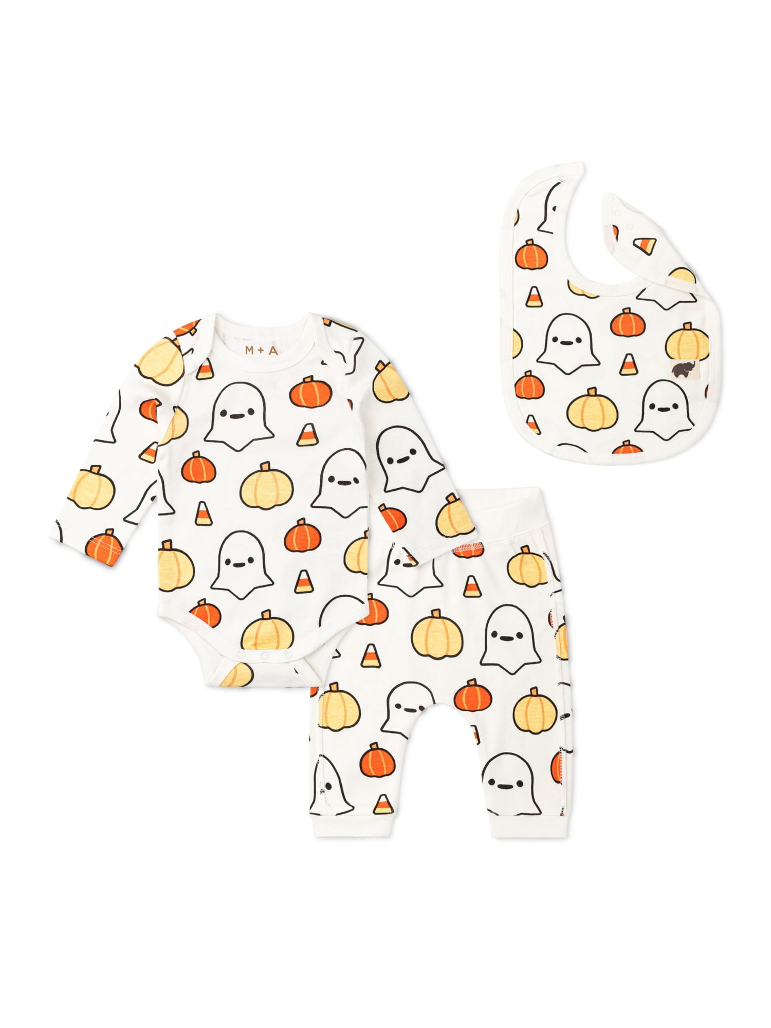 M+A by Monica + Andy Organic Cotton Gender Neutral Halloween First Moves Bodysuit + Groove Pant + Bib Set, Sizes Newborn -24 Months