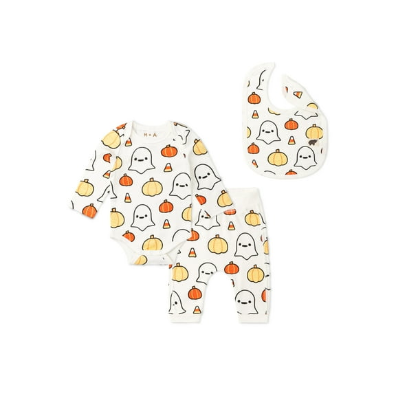 M+A by Monica + Andy Organic Cotton Gender Neutral Halloween First Moves Bodysuit + Groove Pant + Bib Set, Sizes Newborn -24 Months