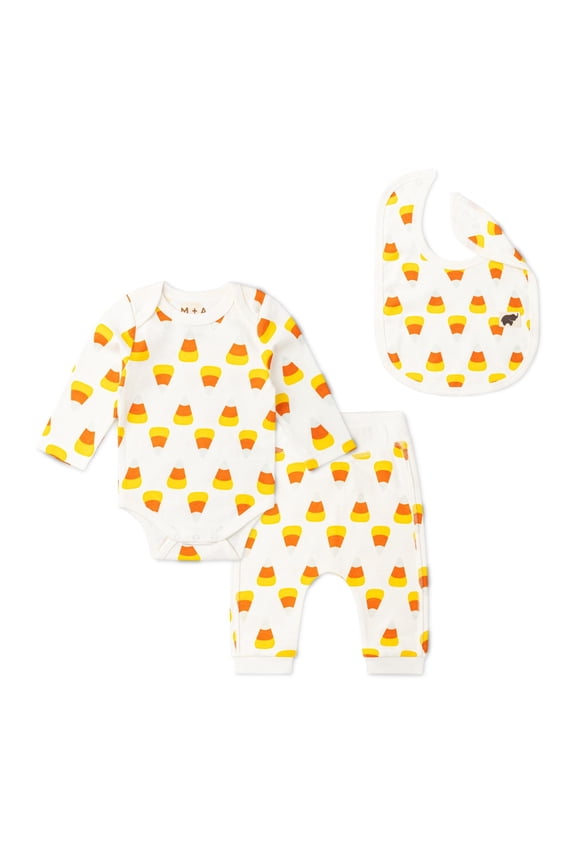 M+A by Monica + Andy Organic Cotton Gender Neutral Halloween First Moves Bodysuit + Groove Pant + Bib Set, Sizes Newborn -24 Months