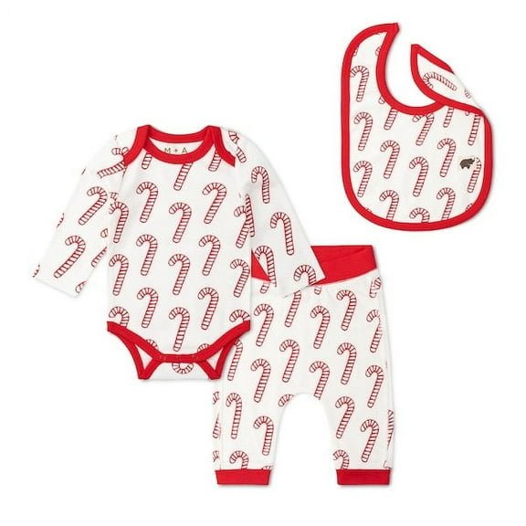 M+A by Monica + Andy Christmas Organic Cotton Gender Neutral First Moves Bodysuit + Groove Pant + Bib Set, Sizes Newborn -24 Months