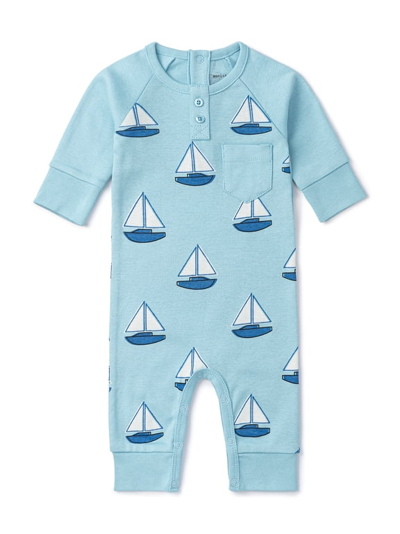 Organic Cotton Gender Neutral Long Sleeve Baby Henley One-Piece, Sizes Newborn - 24 Months