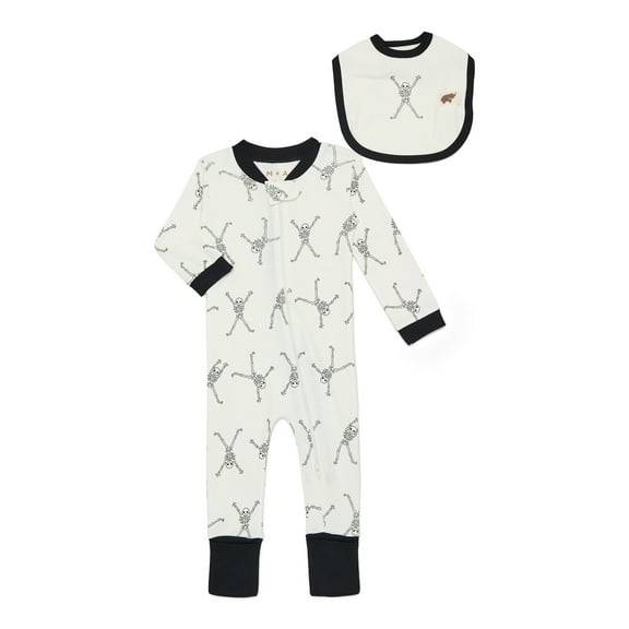 M+A by Monica + Andy Gender Neutral Baby Halloween Organic Cotton One Piece Pajamas and Bib Set, Sizes 0M-24M