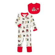 M+A by Monica + Andy Gender Neutral Baby Christmas Organic Cotton One Piece Pajamas and Bib Set, 2-Piece, Sizes 0M-24M