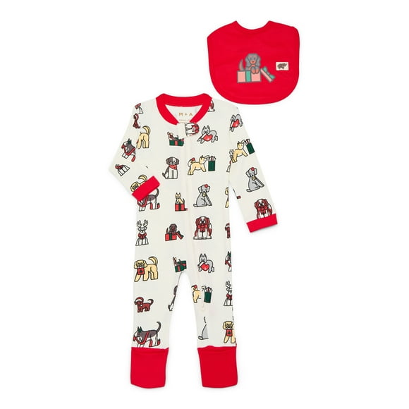 M+A by Monica + Andy Gender Neutral Baby Christmas Organic Cotton One Piece Pajamas and Bib Set, 2-Piece, Sizes 0M-24M