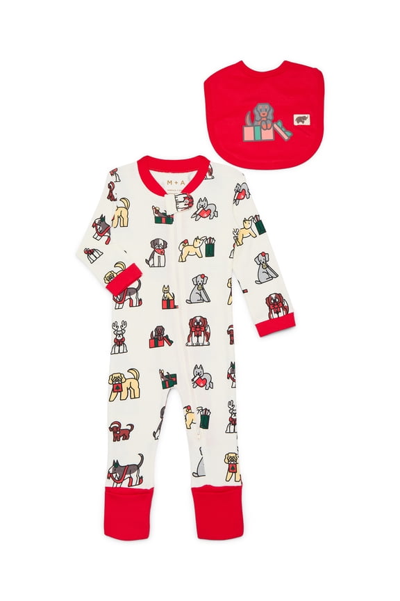 M+A by Monica + Andy Gender Neutral Baby Christmas Organic Cotton One Piece Pajamas and Bib Set, 2-Piece, Sizes 0M-24M