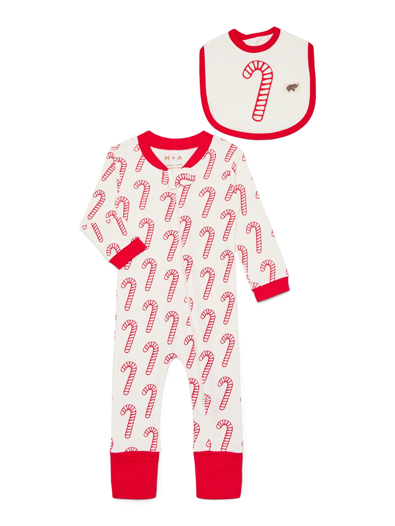 M+A by Monica + Andy Gender Neutral Baby Christmas Organic Cotton One Piece Pajamas and Bib Set, 2-Piece, Sizes 0M-24M