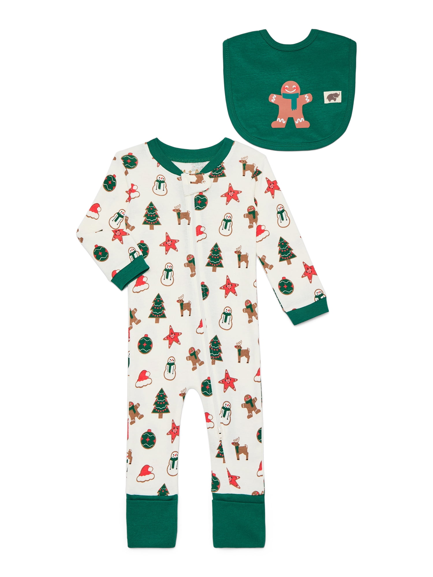 M+A by Monica + Andy Gender Neutral Baby Christmas Organic Cotton One Piece Pajamas and Bib Set, 2-Piece, Sizes 0M-24M