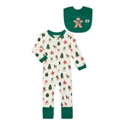 M+A by Monica + Andy Gender Neutral Baby Christmas Organic Cotton One Piece Pajamas and Bib Set, 2-Piece, Sizes 0M-24M