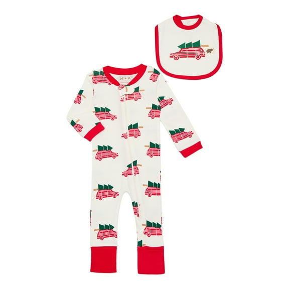 M+A by Monica + Andy Gender Neutral Baby Christmas Organic Cotton One Piece Pajamas and Bib Set, 2-Piece, Sizes 0M-24M