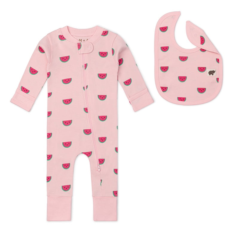 M+A by Monica + Andy Organic Cotton One Piece Coverall and Bib Set, Sizes Newborn - 18-24 Months