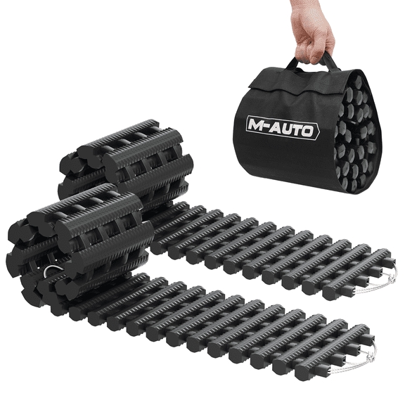 M-AUTO 2 Pack Tire Traction Mats Recovery Track Vehicle Tires Ladder, Car Escaper Non-Slip Mats for Pickups Snow Ice Mud Sand, with Carry Bag, Black