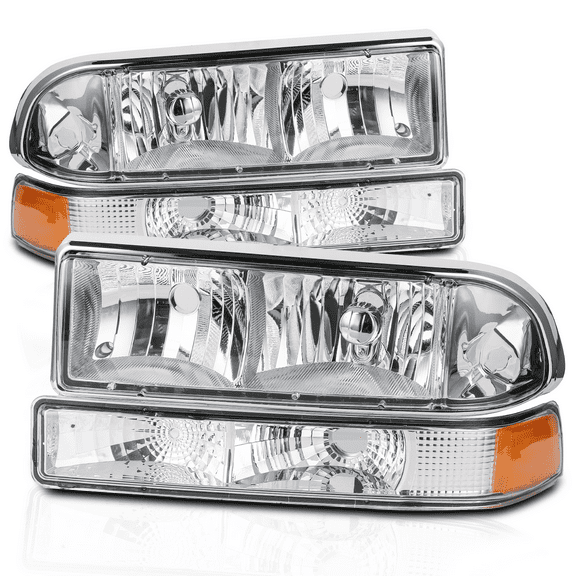 M-AUTO 4 Piece Headlights + Bumper Corner Lamp Chrome Housing for 1998-2004 Chevy S10 Pickup, 1998-2004 Chevy Blazer