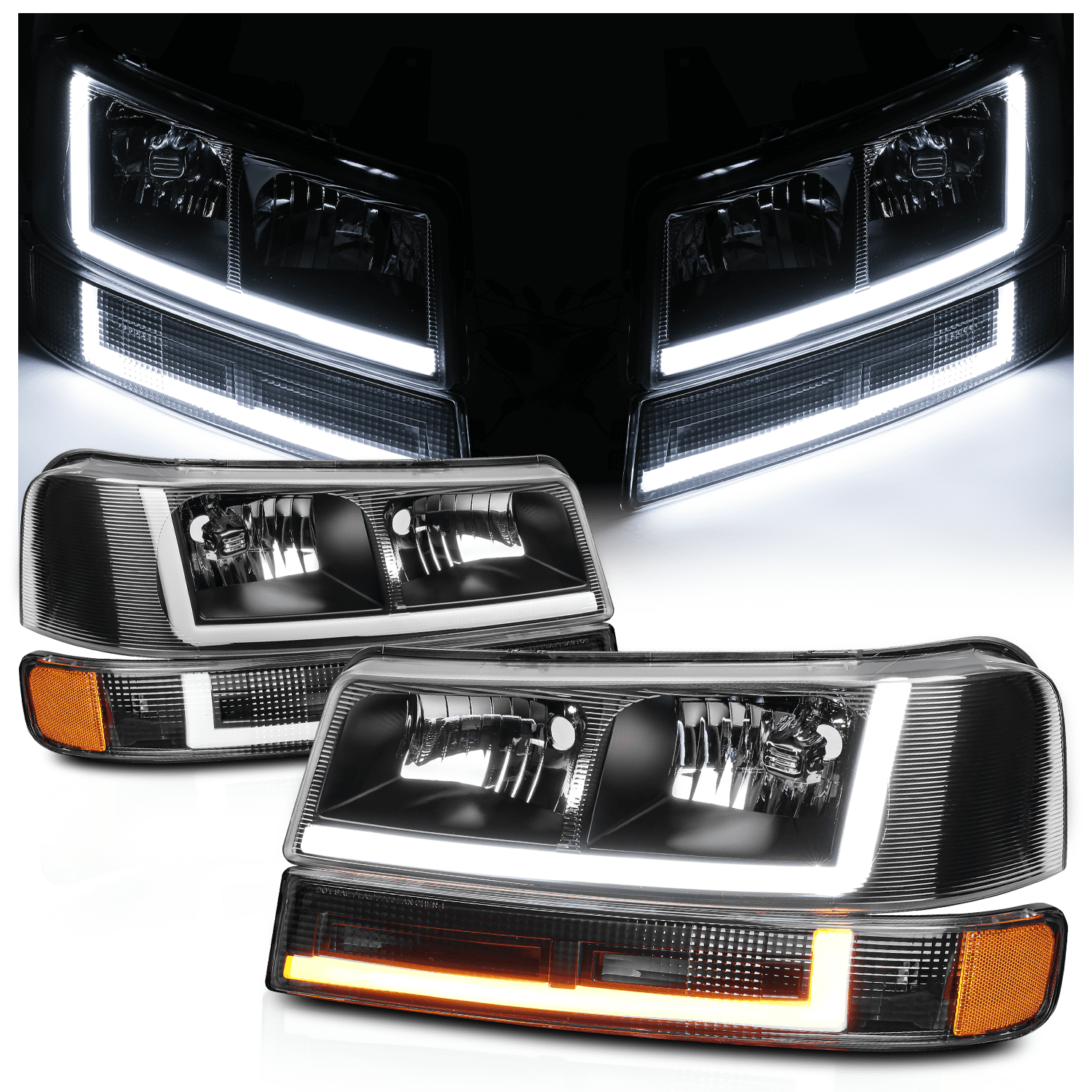M-AUTO 4 Piece LED Light Bar DRL L+R Black Headlight+Bumper for