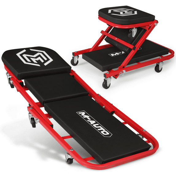 M-AUTO 40 Inches Portable 2-in-1 Folding Creeper and Rolling Seat / Z Creeper with Wheels, 330 lbs Capacity with Casters, Red