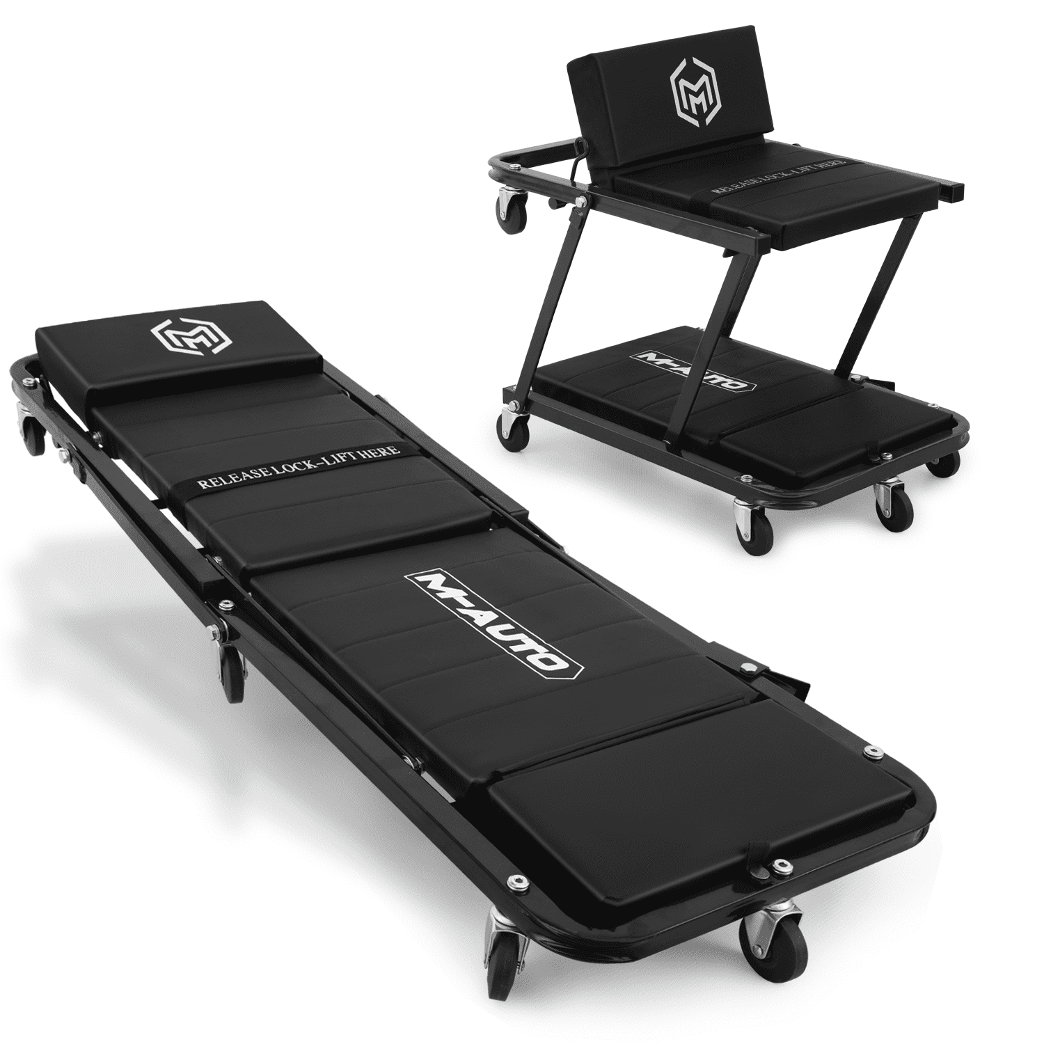 M AUTO 48 Inches 2 in 1 Z Creeper Mechanic Rolling Creeper Seat Low Profile Stool with Casters 330 lbs Capacity Black